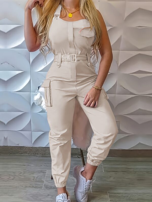 Solid Flap Pocket Cargo Jumpsuit, Casual Sleeveless Belted Flap Detail Jumpsuit, Women's Clothing - Image 7