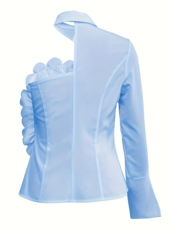 Elegant Women's Blouse with Ruffled Neckline & 3/4 Sleeves - Lightweight Pink Solid Color Shirt for Spring/Summer, Hand Wash Only, Non-Stretch Fabric, Versatile Casual to Formal Wear, Spring Fashion Top, Offshoulder Styling - Image 19