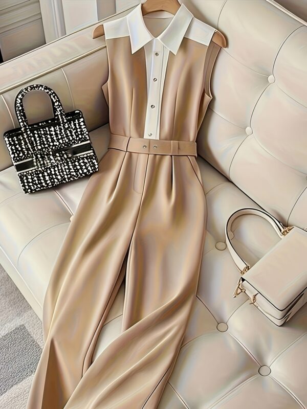 Elegant Khaki & White Contrast Jumpsuit with Lapel Collar and Wide Legs - Chic Adult Women'S Dress for Spring/Summer/Fall, Polyester Blend, Machine Washabl - Image 5
