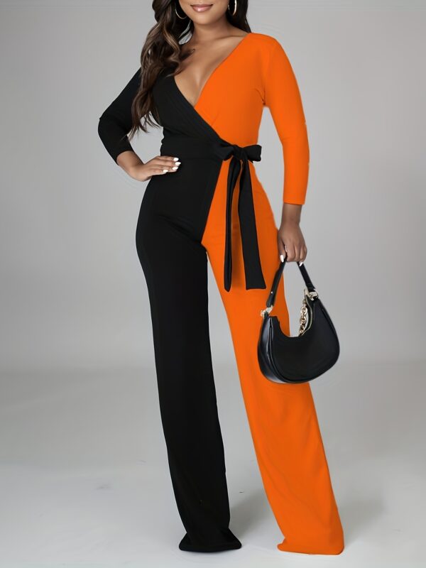 Women's Elegant Long Sleeve V-Neck Color-Block Jumpsuit - Adjustable Tie Waist Wide-Leg Romper, Black to Yellow Ombre, Machine Washable All-Season Vacation & Casual Outfit, Ladies Rompers And Jumpsuits, Sophisticated Design - Image 17