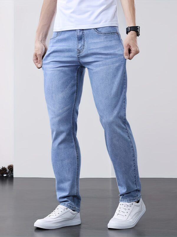 Men's Classic Blue Jeans - Lightweight Stretch Denim, Slim Fit Straight Leg with Pockets, Machine Washable, Versatile for Everyday & Outdoor Wear, All-Season Comfort, Polyester Blend, Mid-Rise Design - Image 3