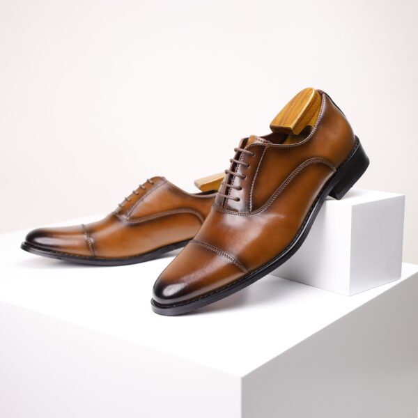 JASONSTAR Men'S Genuine Leather Dress Shoes - Business Casual, Lace-Up, Round Toe, Three-Prong, Height-Increasing, All-Season, Solid Color, Rubber Sole, Microfiber Insole, England Style - Image 5