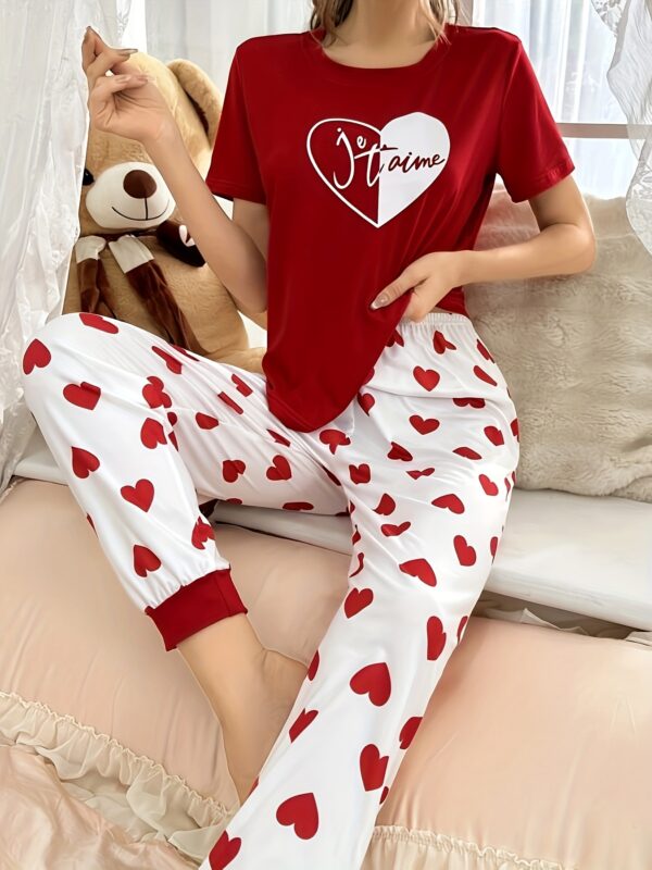 Women'S Valentine'S Day Elegant Heart Print Pajama Set, Short Sleeve Crew Neck Top and Long Heart Pattern Pants, Polyester Knit Fabric, 145gsm, Spring/Summer/Fall Casual Sleepwear - Image 35
