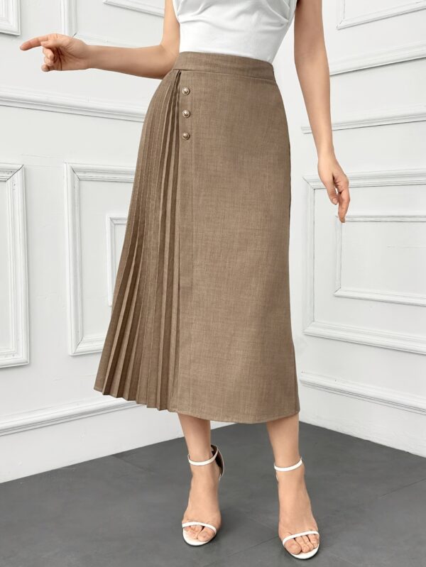 Elegant Dark Blue Pleated Midi Skirt with Front Button Detail - High-Waisted, Non-Stretch Polyester Blend for Women - Perfect for Spring & Summer Office or Casual Wear, Spring Attire | Highwaisted Skirt | Smooth Appearance - Image 7