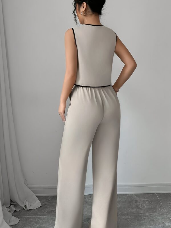 Two-Piece Women's Tie-Front Cardigan Set with Color-Block Bow Blouse and Solid Loose Pants - Image 3
