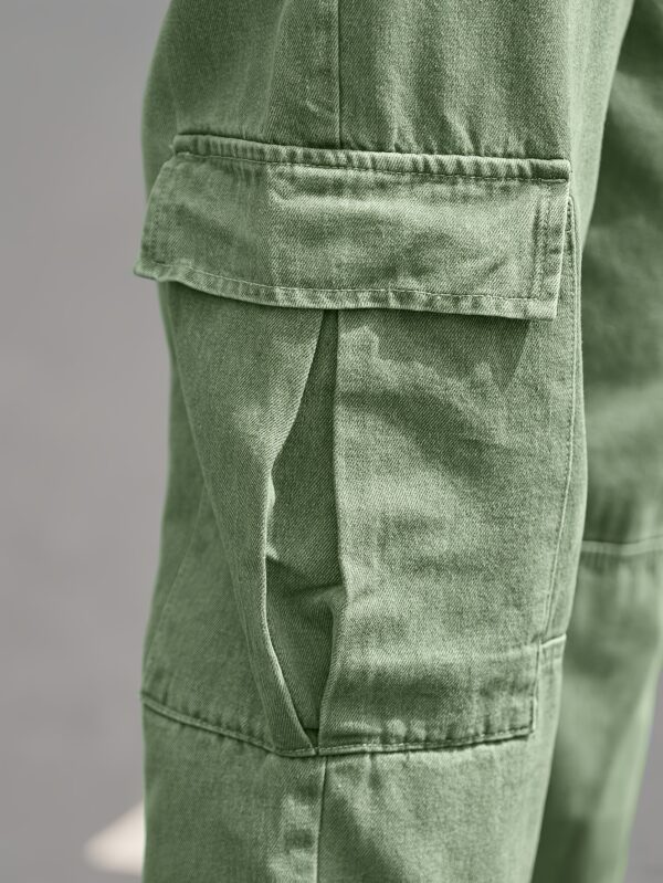1pc Men'S Casual Cargo Denim Pants, Solid Color, Loose Fit, Non-Stretch, All-Season, Regular Length, Washed Detail, Woven Fabric - Multi-Pocket Design - Image 5