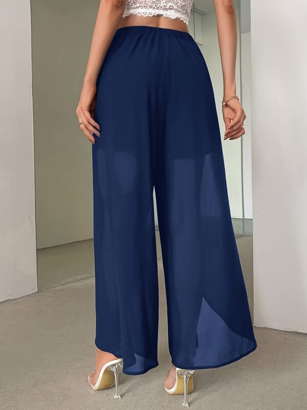 Women's Elegant V-Shape High-Waisted Flared Pants - Navy Blue Wide-Leg Trousers for Casual & Professional Wear, Machine Washable Non-Stretch Fabric, Spring Summer Fall Office to Weekend Transition, High Waist Pants, Transitional Wardrobe Staple, Flowy Fabric Trousers - Image 3