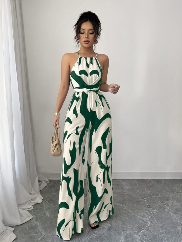 Women's Geometric Print Off-Shoulder Jumpsuit - Sleeveless Wide-Leg Beach Vacation Outfit with Back Tie Closure, Machine Washable Spring Summer Fall Casual Elegance Collection, Summer Outfit, Sleeveless Top, Flowy Fabric, Elegant Style - Image 4