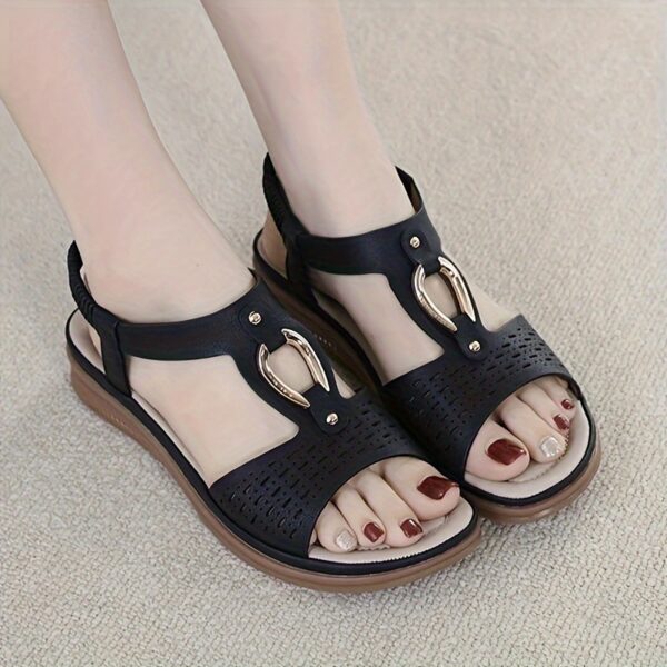 Women's Summer Wedge Heel Comfort Sandals - Metal Buckle, Perforated, Elastic Ankle Strap, Breathable, Daily Commute & Walking - Image 23