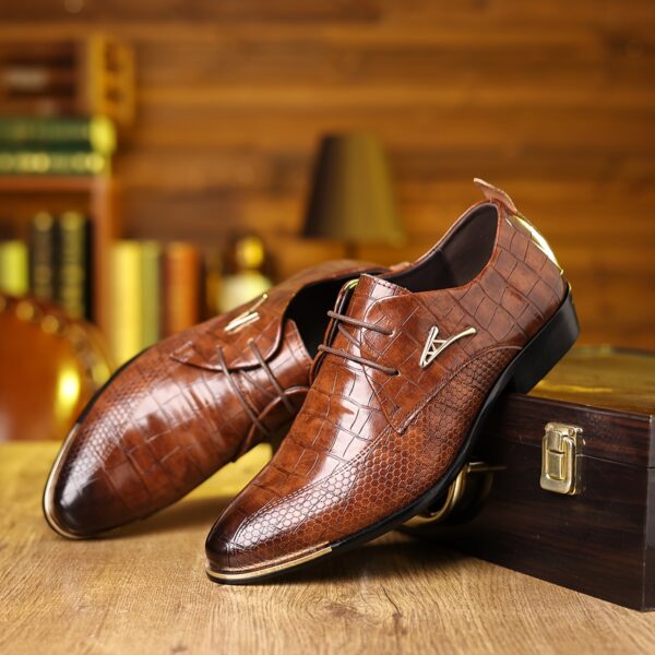 Men's Formal Dress Shoes - Brown Crocodile Pattern Lace-Up Oxfords with Golden Accents, Black Rubber Sole, Perfect for Business, Party, or Streetwear, Formal Shoes - Image 2