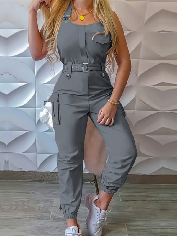 Solid Flap Pocket Cargo Jumpsuit, Casual Sleeveless Belted Flap Detail Jumpsuit, Women's Clothing - Image 4
