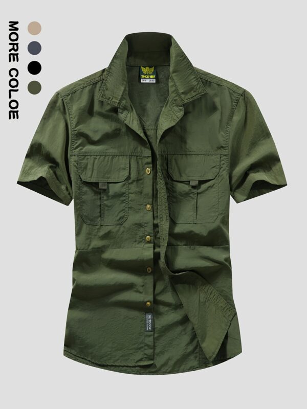 Men's Summer Lightweight Quick-Dry Short Sleeve Shirt - Breathable Workwear Style with Large Pockets, Olive Green, Regular Fit for Outdoor Leisure & Casual Wear, Functional Pocket Design | Classic Buttonup Placket | Machine Washable Clothing, Cute Shirts for Summer - Image 2
