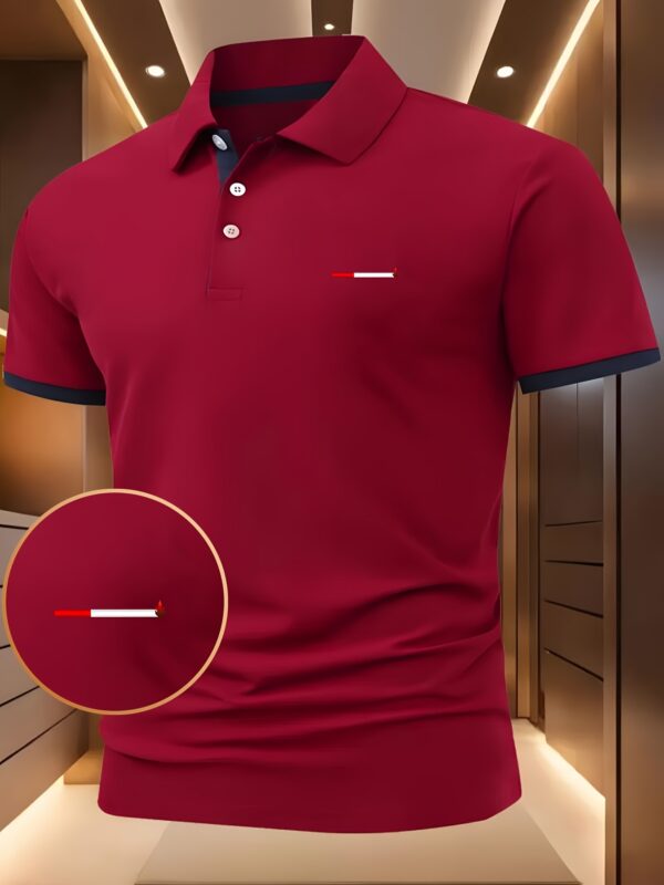 Men'S Navy Blue Geometric Print Polo Shirt - Casual Short Sleeve with Red Trim, Button-Up Collar, Lightweight & Breathable for Summer Outdoor Activities, Summer Casual Wear | Geometric Pattern Shirt | Comfortable Fit - Image 2