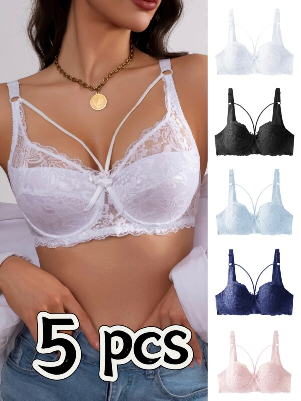 5pcs Women's Sexy Lace Gathered Bra Comfortable Breathable Underwear with Straps