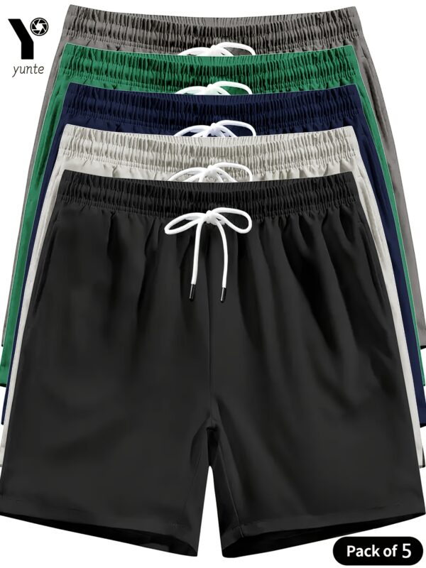 5pcs Men'S Casual Loose Fit Shorts - Black, Beige, Navy, Green, Gray with Elastic Waistband and Drawstring, Lightweight Sporty Running Shorts with Pockets, Athletic Wear|Casual Style|Elastic Waistband