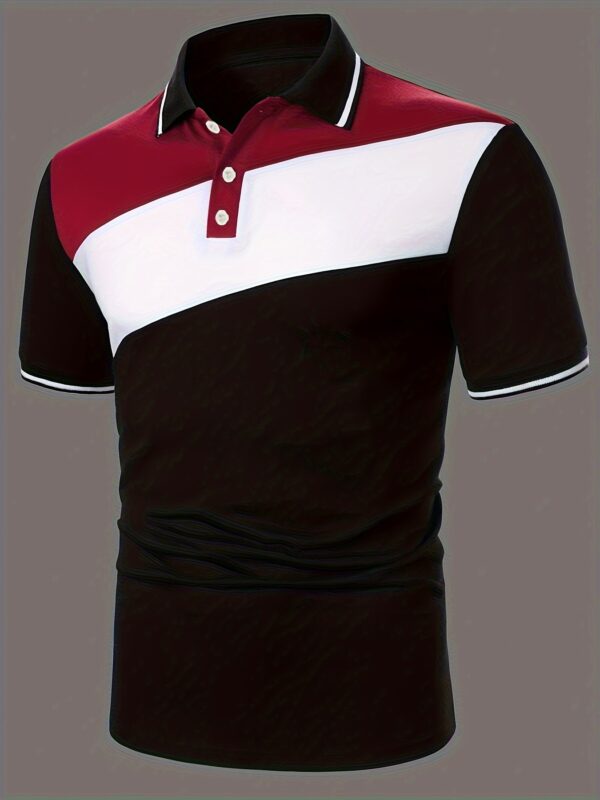 Casual Geometric Pattern Men's Color Block Short Sleeve Shirt, Stylish Male Shirt For Golf Sports, Gift For Men - Image 2