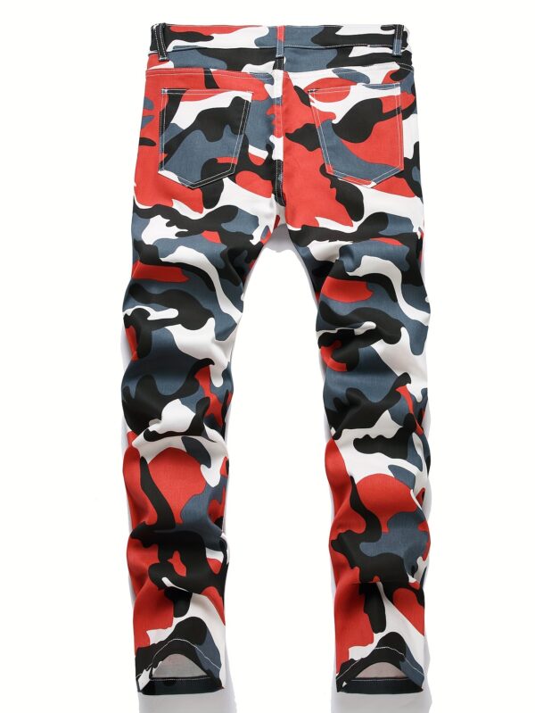 Men's Casual Camouflage Pattern Cotton Blend Pants, Street Style Medium Stretch Trousers, Barrel Jeans - Image 3