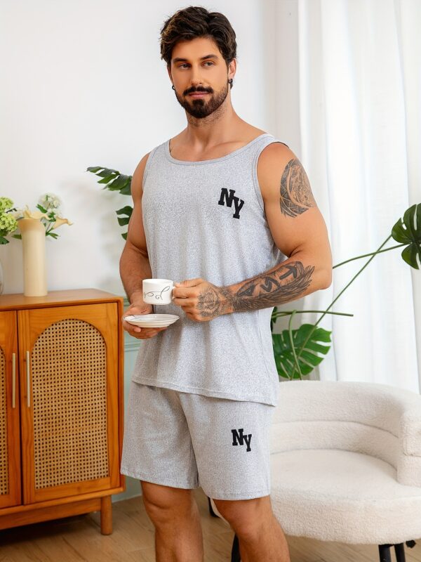 Men's Letter Print Sleeveless Vest Solid Color Shorts Pajama Set - Image 6