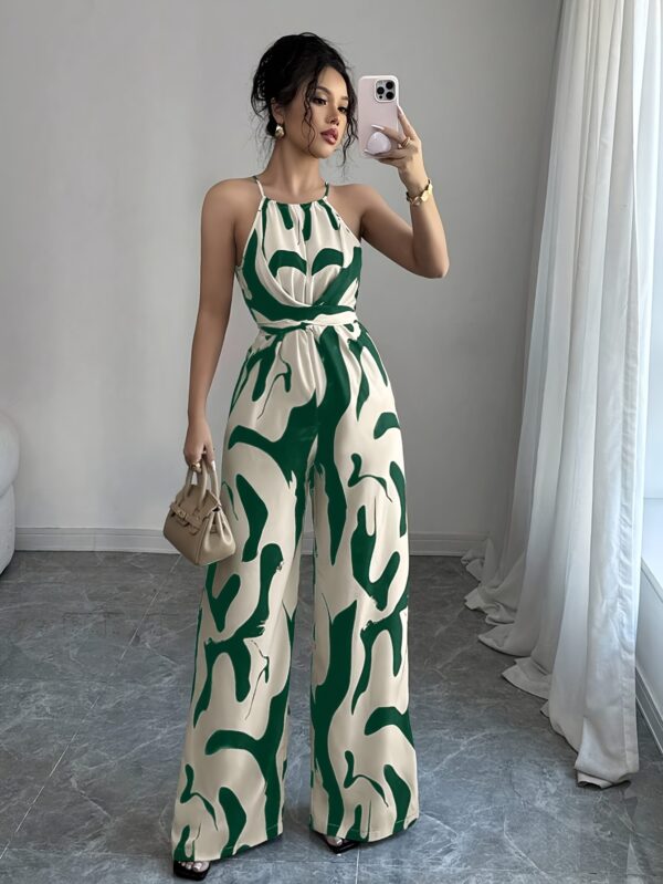 Women's Geometric Print Off-Shoulder Jumpsuit - Sleeveless Wide-Leg Beach Vacation Outfit with Back Tie Closure, Machine Washable Spring Summer Fall Casual Elegance Collection, Summer Outfit, Sleeveless Top, Flowy Fabric, Elegant Style