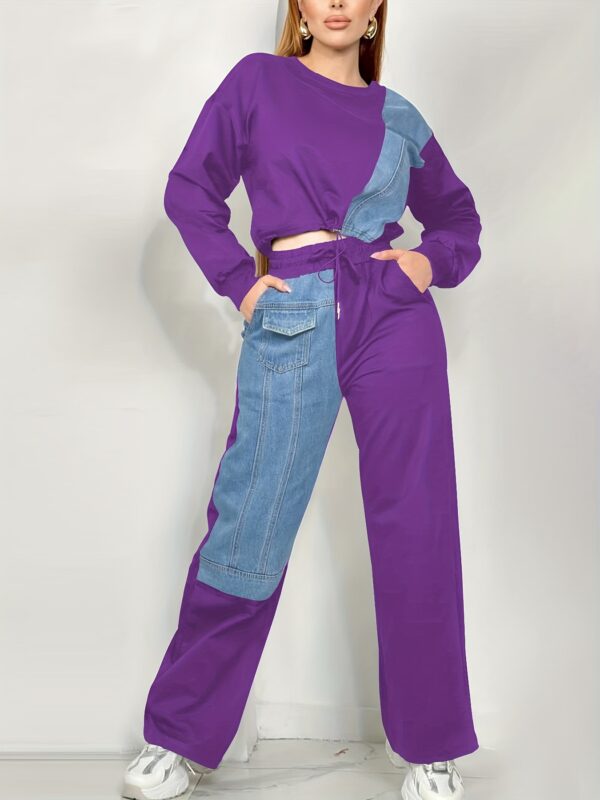 Women'S Casual Patchwork Jumpsuit - Gray & Blue, Long Sleeve, Crew Neck, Pockets, Perfect for Vacation, Outdoor, Home, Dance Party, Holiday Style, Holiday Casual Wear | Trendy Casualwear | Stylish Jumpsuit - Image 6