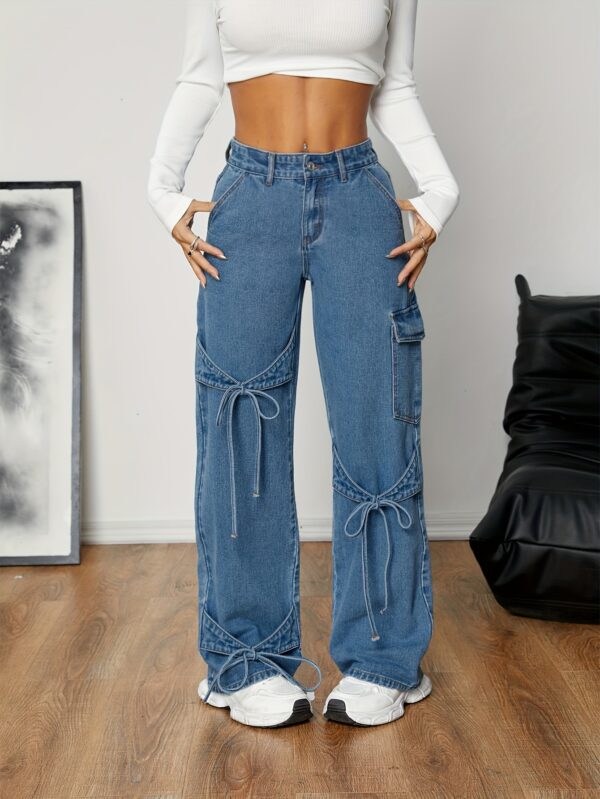 Women'S Casual Straight-Leg Denim Jeans with Adjustable Bow Tie Waist, Loose Fit Wide-Leg Pants, Non-Stretch Fabric, Spring/Fall Season, Casual Wear Jeans | Relaxed Fit Jeans | Nonstretch Fabric - Image 15