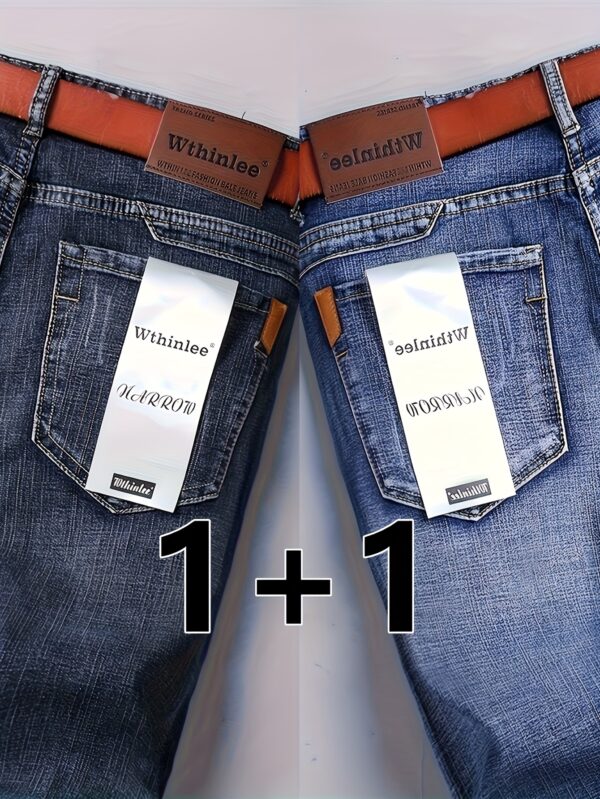 2 Pcs Men's Solid Denim Pants With Pockets, Formal Cotton Blend Jeans For Outdoor Activities - Image 5