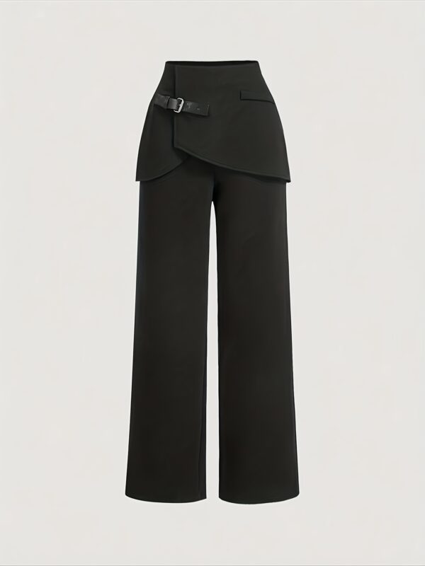 Women'S High-Waist Wide-Leg Pants with Asymmetrical Hem & Decorative Belt - Black Solid Color, Regular Fit, Long Length for Spring/Summer Casual & Formal Outfits, Versatile Fashion, Sophisticated Style, Smooth Texture