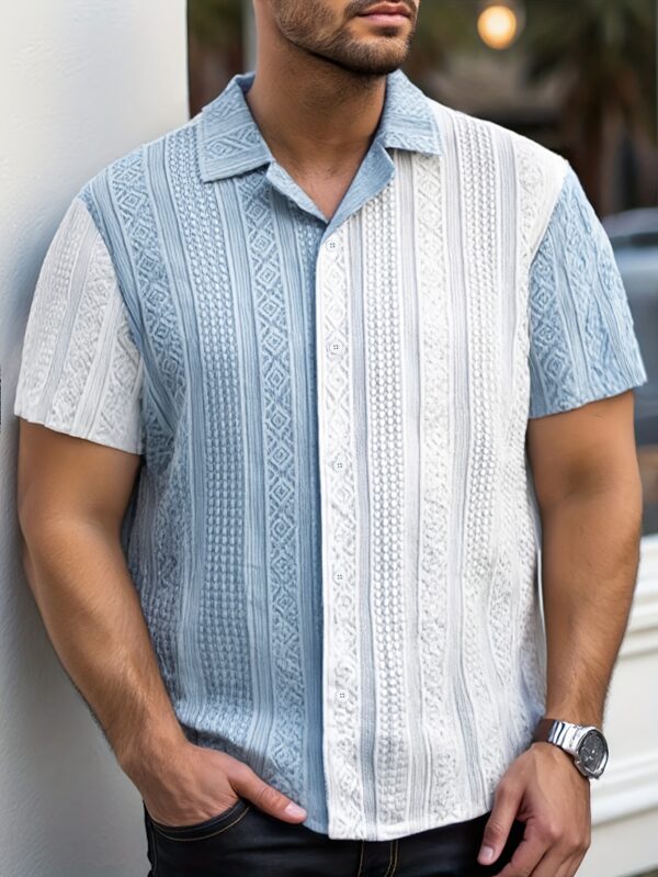 Men'S Casual Summer Short Sleeve Button-Up Shirt - Light Blue & White Striped Design, Collar, Lightweight & Breathable Fabric, Perfect for Casual Attire, Short Sleeve Blouses