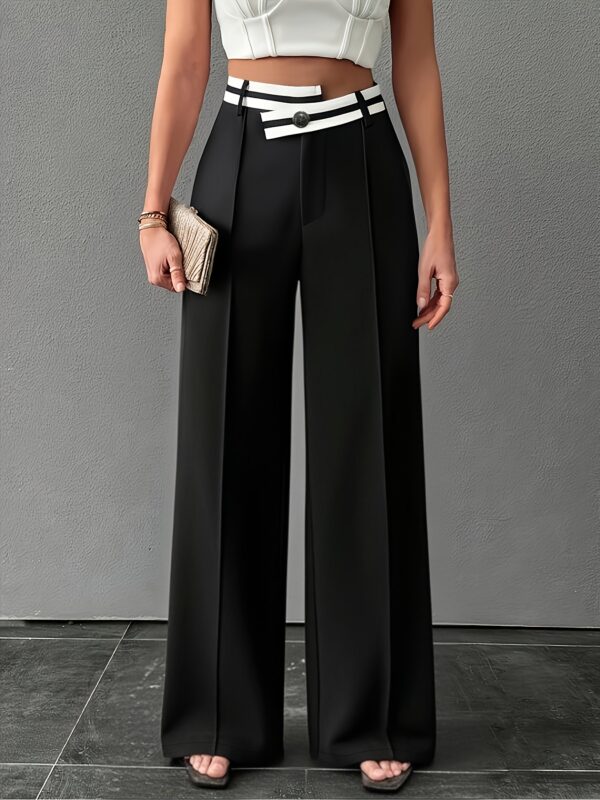 Women'S High-Waist Wide Leg Pants with White Belt - Elegant Solid Color Black, Comfortable Loose Fit for Casual or Commute, Button Detail, Spring Season Styl - Image 3