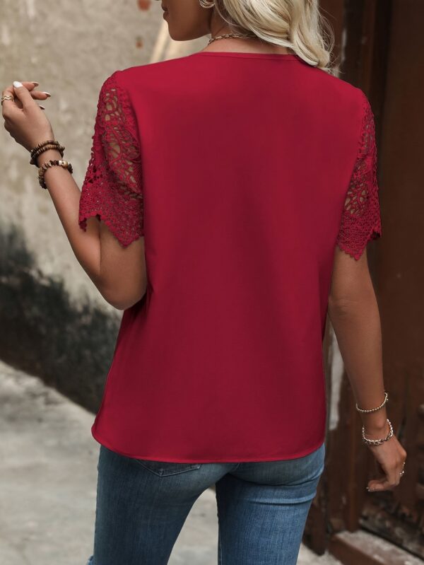 Chic Red Lace-Trimmed Asymmetrical Neck Blouse for Women - Short Sleeve, Solid Color, Perfect for Spring/Summer Fashion - Image 8