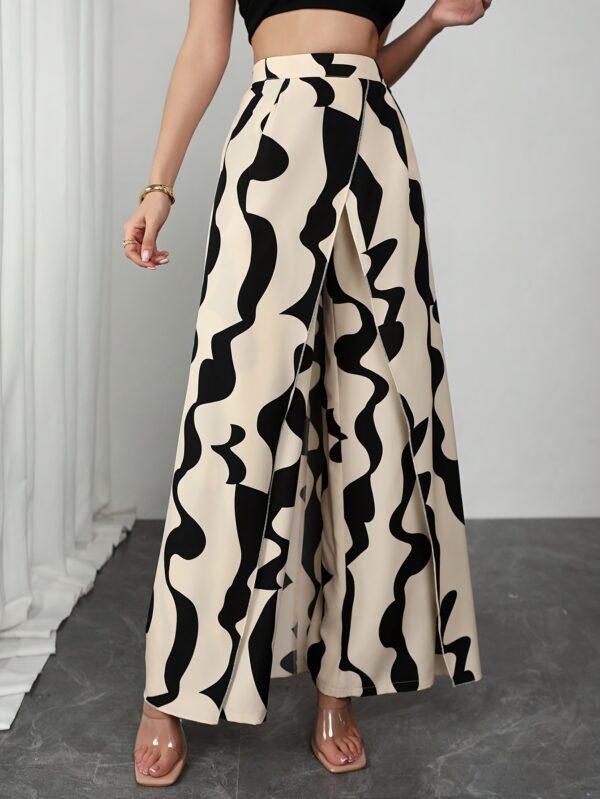 Women's Wide-Leg Pants with Asymmetrical Geometric Print - Black & White Abstract Design, Machine Washable, Spring Summer Fall Elegant Trousers for Casual & Formal Wear - Image 8