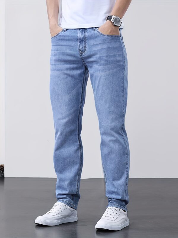 Men's Classic Blue Jeans - Lightweight Stretch Denim, Slim Fit Straight Leg with Pockets, Machine Washable, Versatile for Everyday & Outdoor Wear, All-Season Comfort, Polyester Blend, Mid-Rise Design