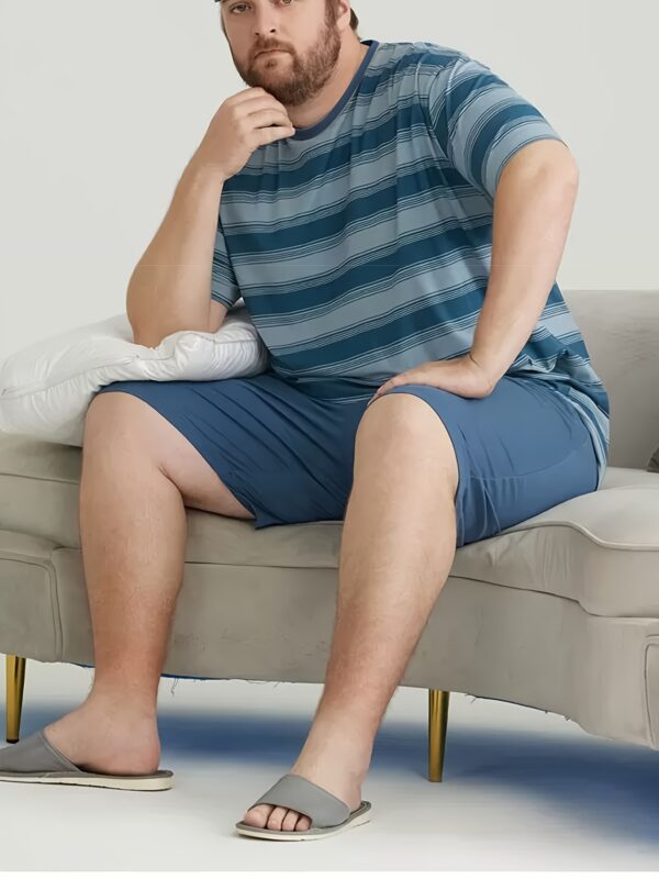 Men'S Plus Size Blue & White Striped T-Shirt and Solid Shorts Pajama Set - Casual Crew Neck, Loose Fit, Summer Loungewear, Relaxed Fit Pajamas | Striped Pattern | Polyester Fabric, PLUS SIZ