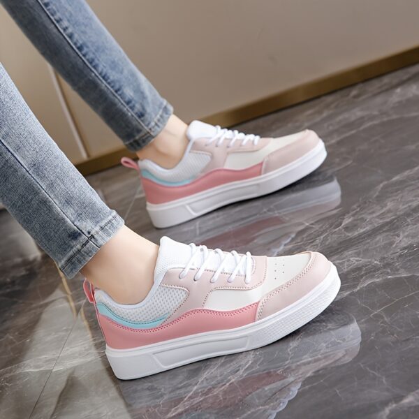 Stylish Women's Low-Top Sneakers - Lightweight Casual Shoes with Pastel Pink & Light Blue Accents, Synthetic Cover Upper, Breathable Mesh Lining, EVA Sole for Comfort, Perfect for Casual Attire & Travel