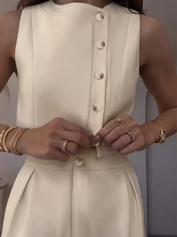 Elegant Beige Sleeveless Office Suit for Women - Chic Pants and Vest Combo with Button Details, Perfect for Summer Commute, Office Attire|Sleek Formal Attire|Smooth Texture Fabric - Image 3