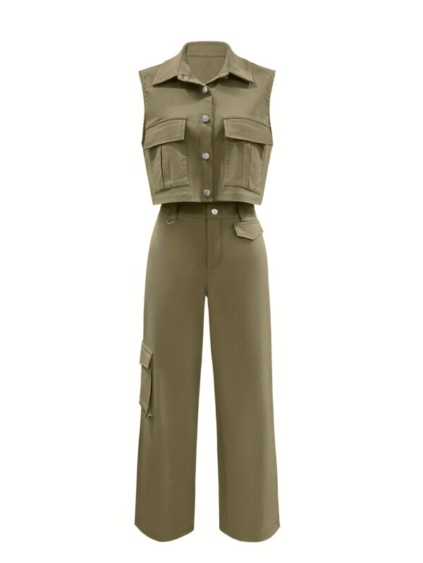 Stylish Solid Color Pocketed Collar Jacket/High Waist Loose Wide Leg Pants Casual Slim Fit Set - Image 5