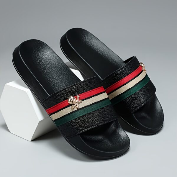 Men's Casual EVA Slide Slippers with Non-Slip Sole - Lightweight Indoor/Outdoor House Shoes for Bathroom, Home & Summer, Black Striped Design with Golden Emblem, All-Season Comfort, Indoor Slippers, Sleek Leatherlook, Leatherlike Texture, Durable Slipresistant