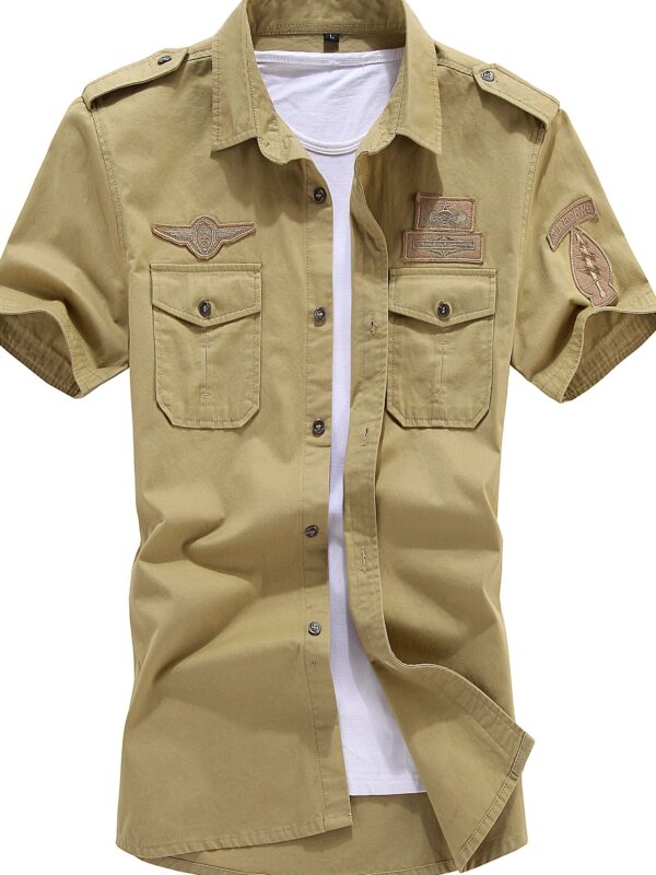 [Retro Look] Men's Lightweight Cotton Cargo Shirt - Short Sleeve, Button-Up, Casual Outdoor Shirt with Patches, Navy Blue, Retro Style, Summer Wear, Outdoor Casual Wear | Militaryinspired Design | Pure Cotton Fabric - Image 3