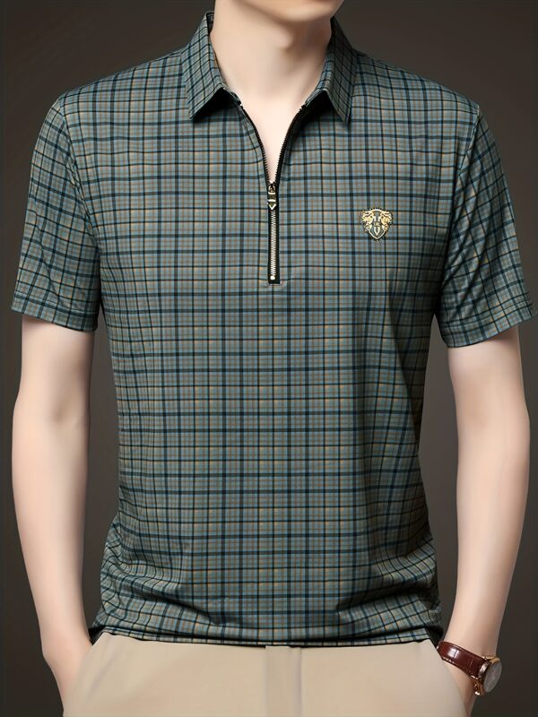 Men's Summer Casual Shirt - Dual-Sided Digital Plaid Print, Stretch Fabric & Golden Zipper Accents, Breathable Short Sleeve H-Fit for Outdoor Activities - Image 8