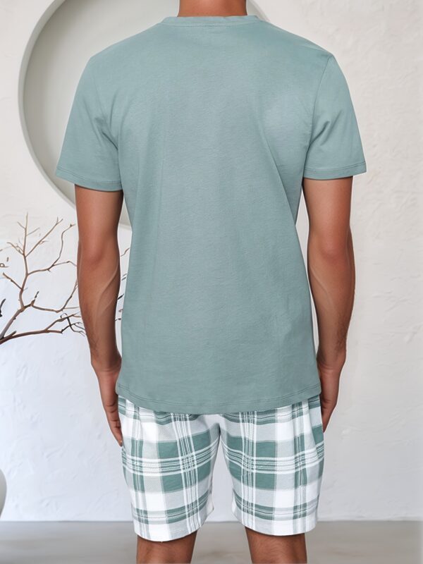 Spring, Summer, and Autumn Men's Fashion Casual Pajama Set with Plaid Print Pants, Polyester Blend, Comfortable Short Sleeve and Shorts Two-Piece Set - Image 8