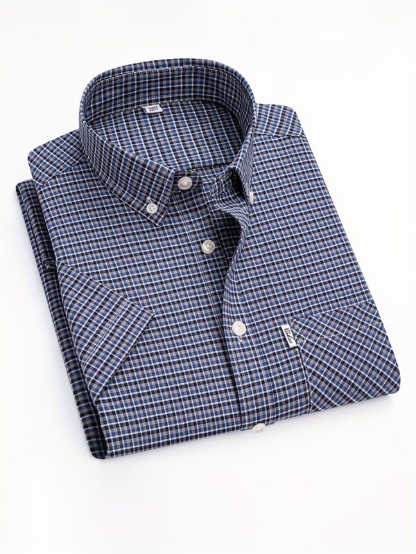 1pc Men'S Cotton Plaid Short Sleeve Shirt - Summer Casual Business Casual with Chest Pockets, Durable & Comfortable, Non-Stretch Fabric, Regular Fit, Blue/White/Orange/Black Checkered Pattern, Perfect for Weekend Outings, Casual Summer Wear | Checkered Pattern Shirt | Comfortable Fit Shirt - Image 2