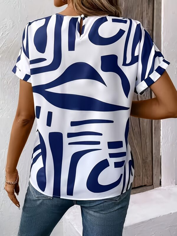 Women's Elegant Navy & White Abstract Print Round Neck Blouse - All-Season Machine Washable Shirt with Button Front, Short Sleeve & Relaxed Fit for Casual or Formal Wear, Versatile Fashion, Stylish Neckline, Easy Care Fabric - Image 10