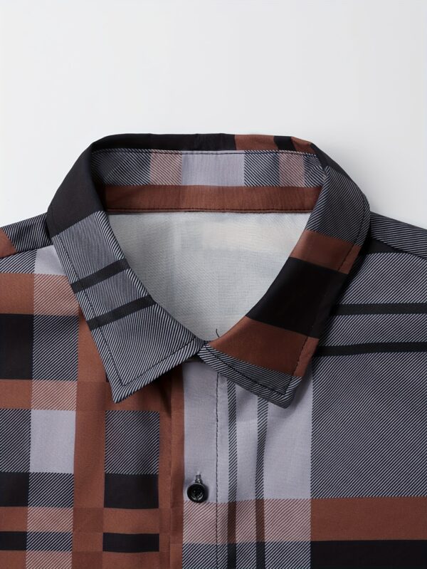 Men's Plaid Design Short Sleeve Lapel Shirt Top, Male Casual Button Up Shirt For Summer Daily Wear - Image 3