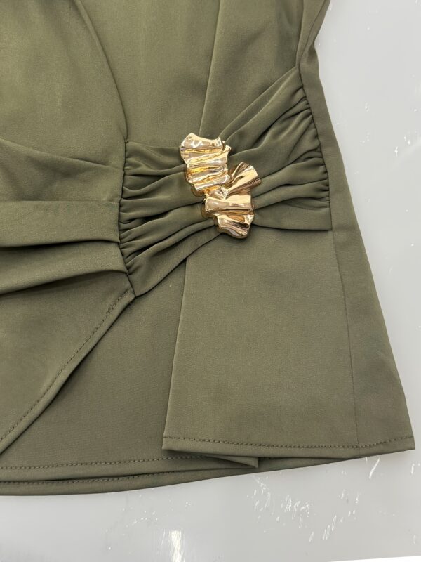 Olive Green Sleeveless Cross-Twist Top with Wide-Leg Pants Commuter Set Featuring Slant Pocket Detail - Image 6
