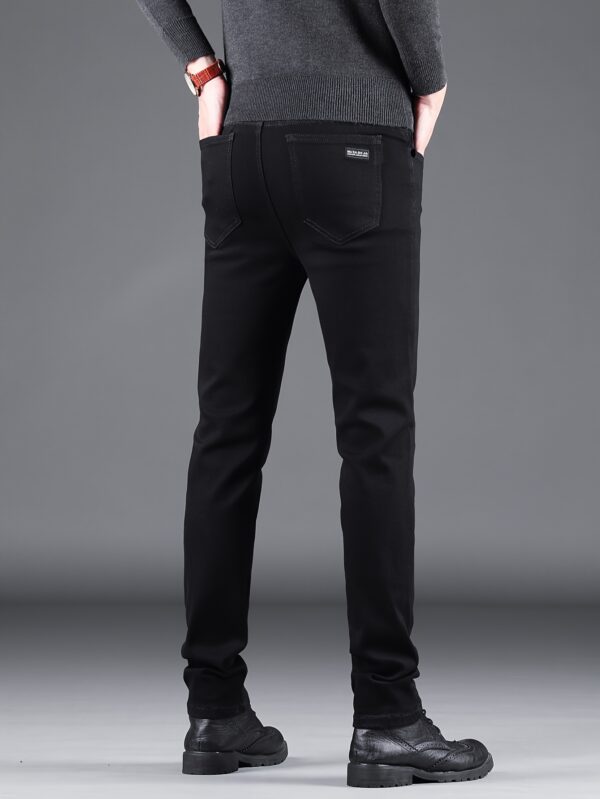 1pc Men'S Basic Black Jeans, Cotton Blend, 65% Cotton 35% Polyester, Slight Stretch, Solid Color, Regular Fit, All-Season, Woven Fabric, Raw Wash Detail, Regular Length - Ideal for Adults - Image 2