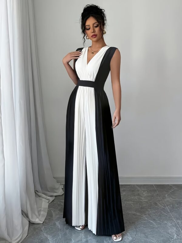 Women's Elegant V-Neck Ruched Waist Wide-Leg Jumpsuit - Black & White Contrast Stripes, Breathable Non-Stretch Fabric, Machine Washable for Spring/Summer Casual, Office & Vacation Wear