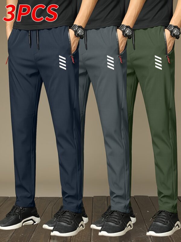 3pcs Men'S Fashion Casual Jogger Pants with Zipper Pockets, Featuring a Stylish Print Design, Made from Breathable And Lightweight Fabric Suitable for Summer Sports And Leisure Wear, a Perfect Gift Choice. Modern Athletic Wear with Practical Pocket Design, Suitable for All Seasons - Image 3