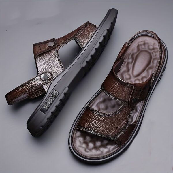 Men's Genuine Leather Sandals - Slip-On Open-Toe Beach Shoes with Non-Slip PU Sole, Brown Casual Summer Footwear for Pool, Vacation, Everyday - Durable & Easy-Clean Mens Sandals, Vacation Footwear, Sleek Strap Design, Breathable Material, Poolside Footwear, Minimalist Design, Outdoor Enthusiasts - Image 5