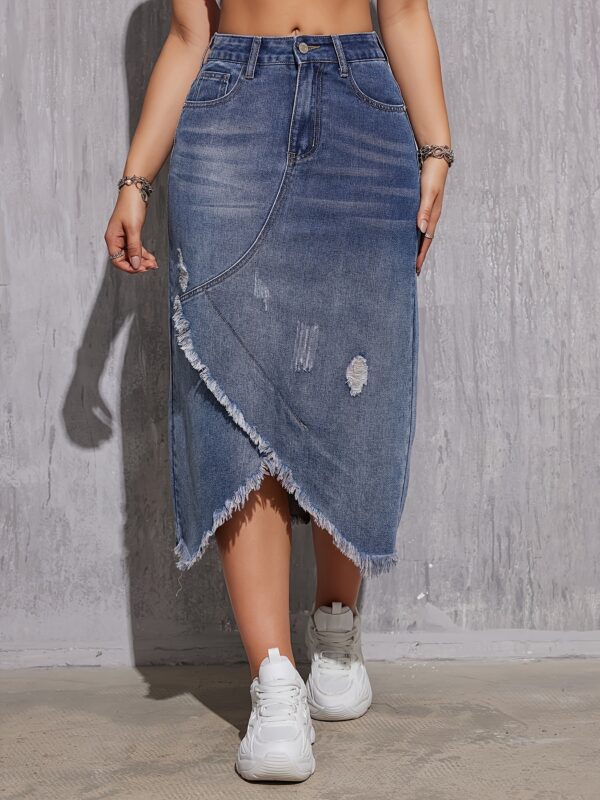 Women's Stylish Frayed Denim Midi Skirt - Casual Washed Blue with Tassel Detail, High-Waisted Bodycon Cut, Rayon/Polyester Blend, Perfect for Spring/Summer/Fall, Denim Skirt - Image 6