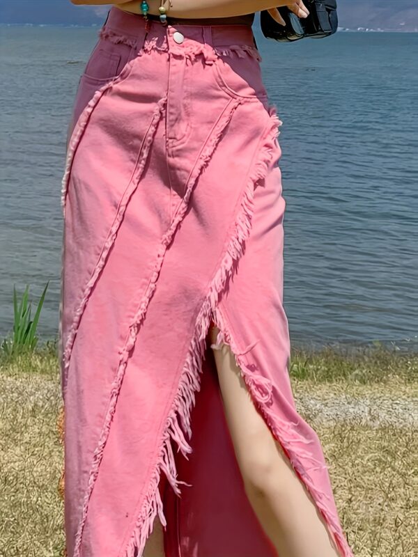 1031 Women's Mid-Length Denim Skirt with Side Slit - Cute Casual Summer Solid Color Button Front & Beltless Design, Machine Washable Regular Fit, Versatile Wardrobe Staple, Trendy Fashion, Quality Stitching, Women - Image 3